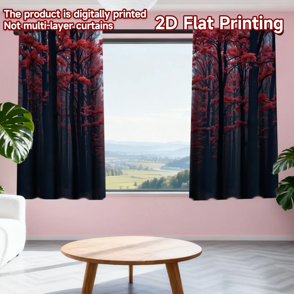 

2D flat printing 2pcs Drapes Autumn Red Forest Path Digital Printed Polyester Drapes Party Decorations Perfect for Photo Booths