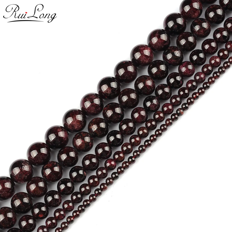 Natural Garnet Smooth Bead 4/6/8/10/12mm Gemstone Round Spacer Loose Stone Beads for Jewelry Making 15.5" 1 Strand