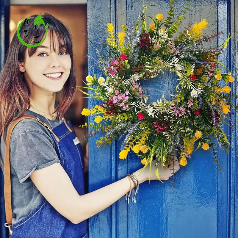 

A31Z-1 PCS Spring Wreaths For Front Door Weatherproof Greenery All Seasons Round Wreaths 18In Outside Welcome Summer Flowers