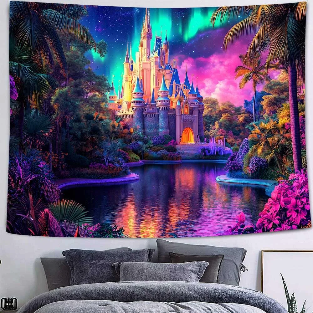 VIKAMA Neon Aurora Castle Wandteppich, Wandbehang mit Aufdruck „Fantasy Märchenschloss & Tropischer Wald“ für Schlafzimmer, Gaming-Raum-Dekoration