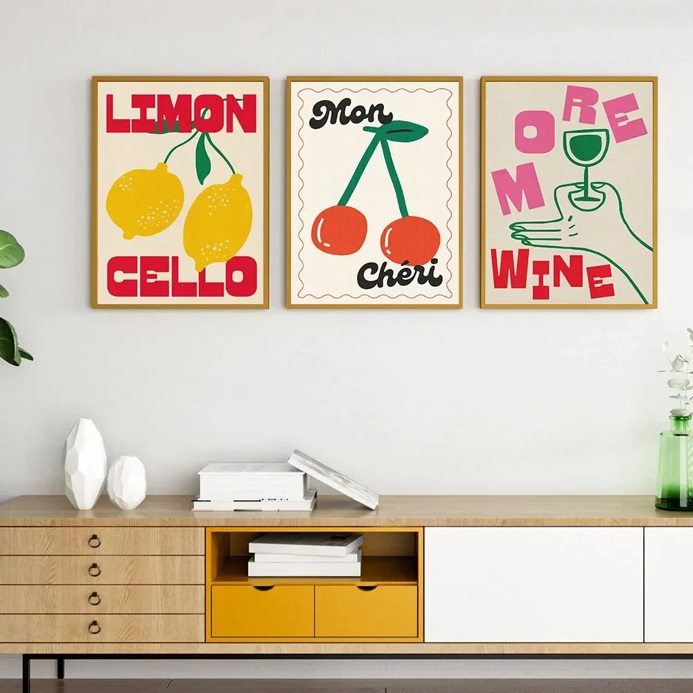 Retro Wine Cocktail Canvas Prints Poster Lemon Cherry Fruit Wall Art Perfect Gift Modern Living Room Restaurant Bar & Home Decor