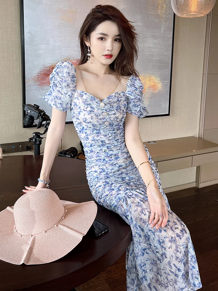 Vestido elegante de vacaciones para mujer, vestido romántico elegante con flores azules, vestido ceñido de malla con cola de pez fruncido, Vestidos de fiesta para mujer