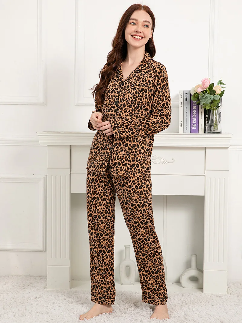 Plus Size S-3XL Leopard Print Viscose Pajama Sets for Women Long Sleepwear Loungewear INS Style Sleepwear Pijamas