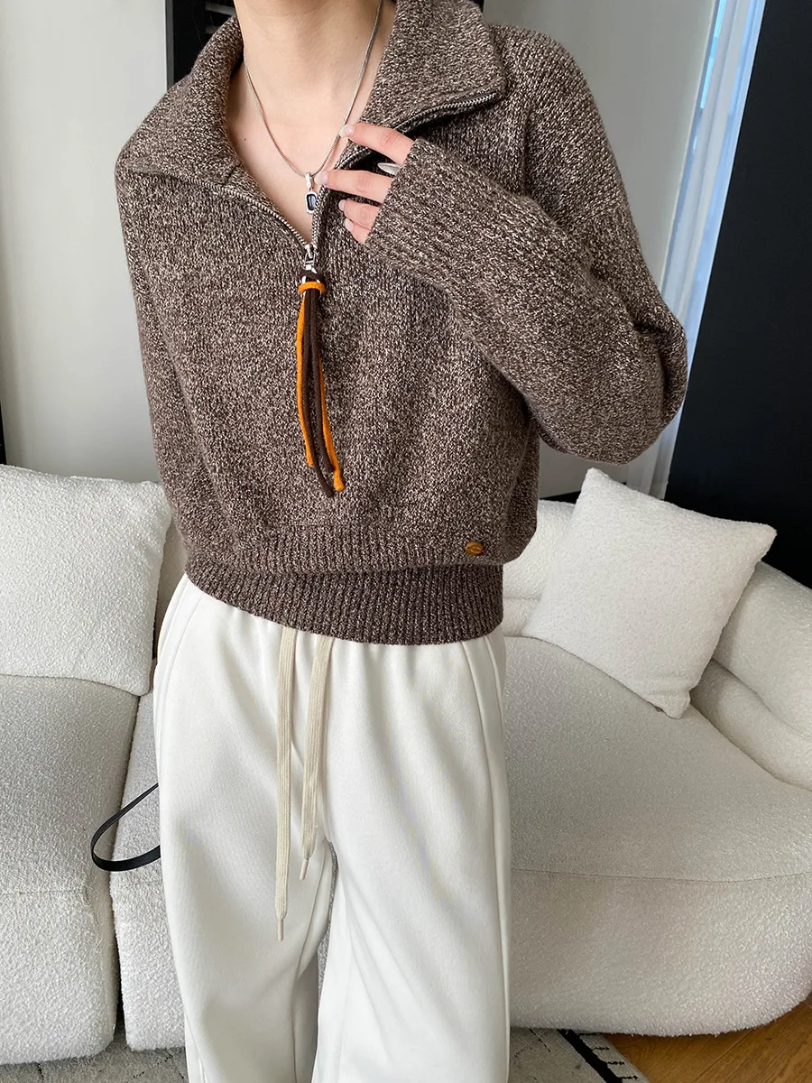 

Women's casual half zipper loose slimming floral yarn knitted sweater