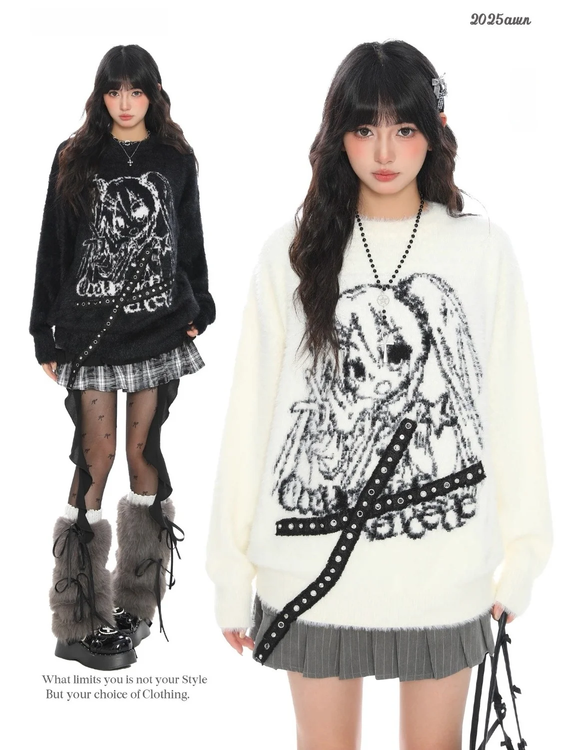 Dark Cultural Sweet Cool Anime Girl Print round Neck Women's Knitted Sweater Autumn Winter Y2K Cashmere Knitwear Top