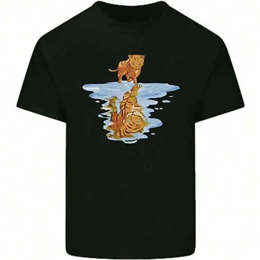 Funny Tiger Cat Reflection Mens T-Shirt Tee Top 100% Cotton Trendy Y2K Short-Sleeve Tee-Soft, Quick-Drying, Moisture-Wicking;