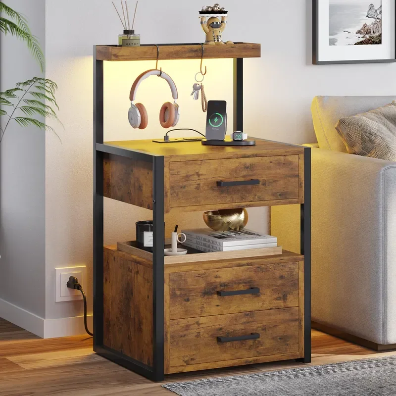 Factory Hot Selling LED Bedside Table with Charging Station 3 Drawers Storage Rack Nightstand with Light for Bedroom