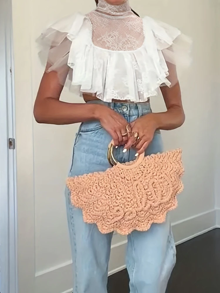 Elegant Lady Pure Color Flying Sleeve Tops Sexy Mesh See-through Commute Women Vest Fashion Turtleneck Lace Hollow Out Crop Tops