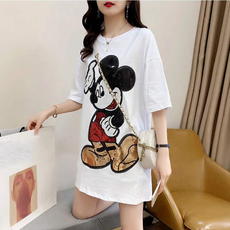 Mickey T Shirt Tops Women Short Sleeve Mid-Length Sequins Embroidery Kawaii T-Shirt Summer Korean Cartoon Loose Tee Top