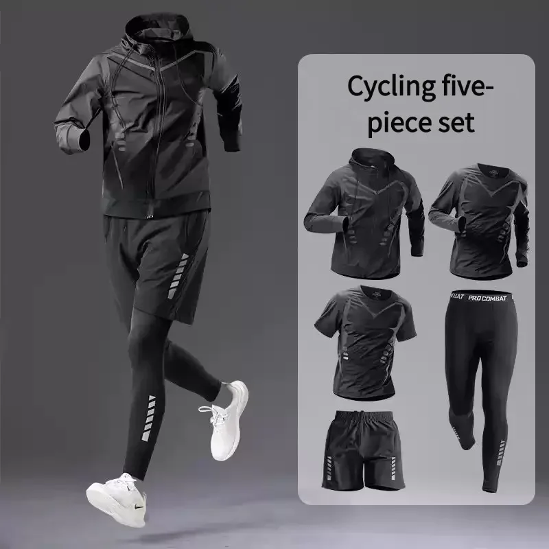 

Five-piece running suit for men, morning running clothes, autumn quick-drying training cycling sportswear