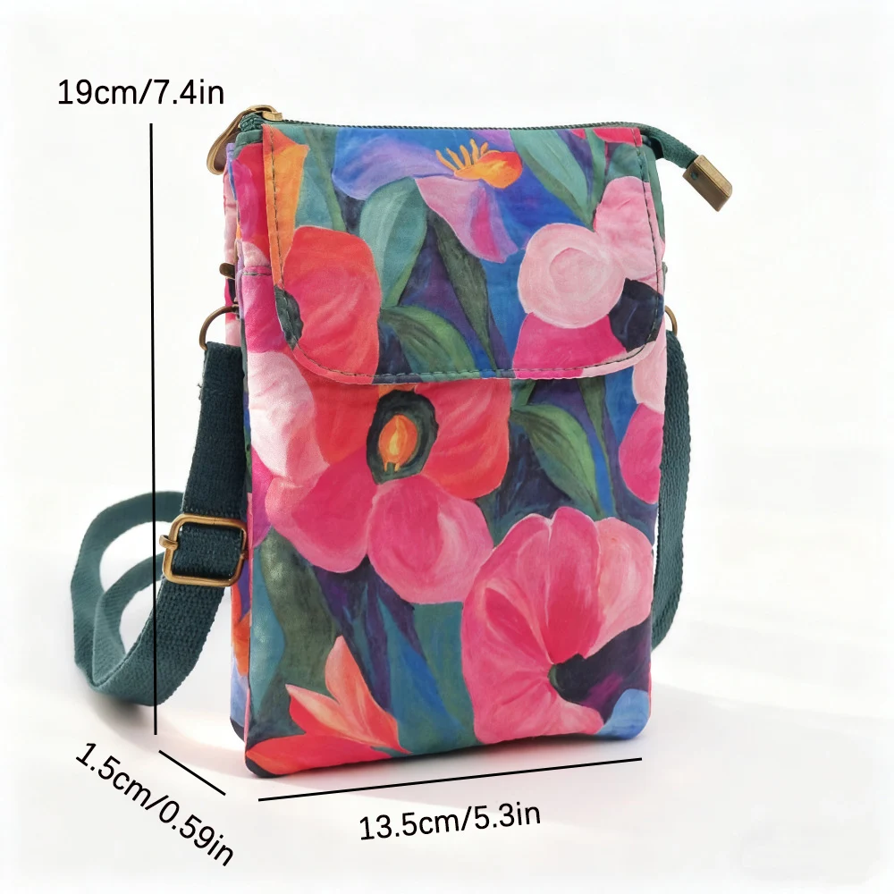 Fresh and Gentle Artwork Printed Series 5-Layer Crossbody Phone Bag Shoulder Bag Fabric Lightweight Women's Small Wallet