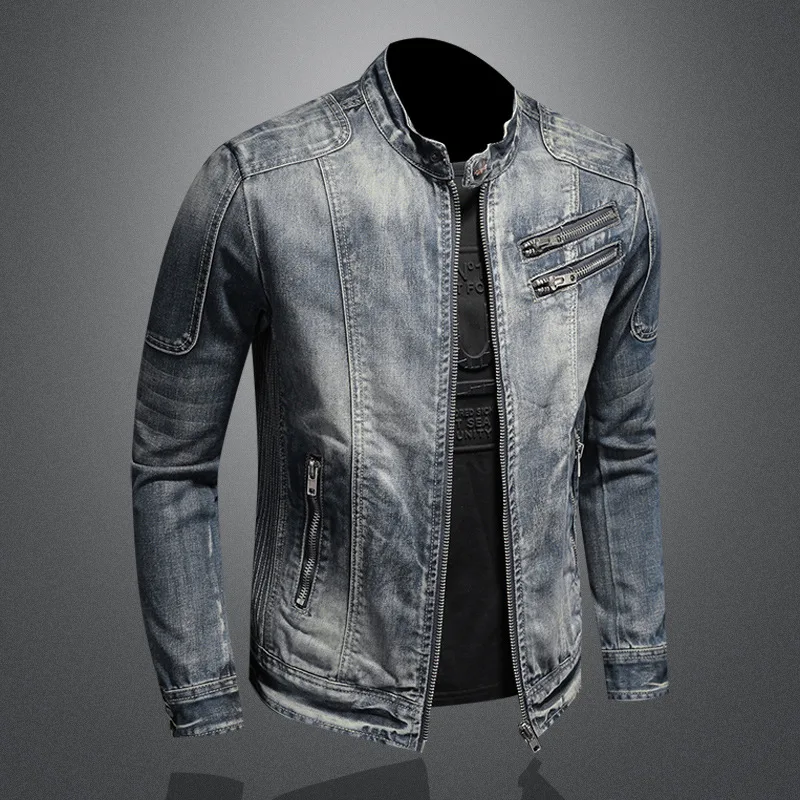 Vintage Plus-size Denim Jackets Men Casual Stand Collar Moto Biker Outerwear Coats Mens Fashion Zippers Motorcycle Streetwear