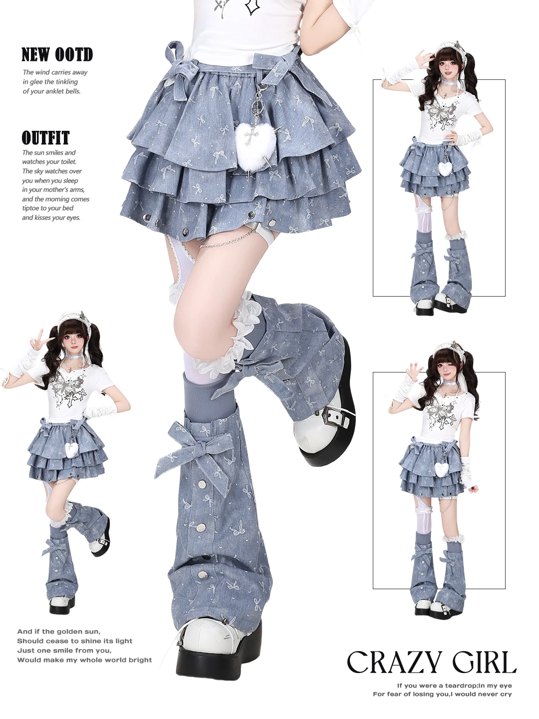 Crazygirl Original Design  Knot Dark Pattern Puffy Cake Denim Skirt High Waist Cake Skirt for Girls And Students