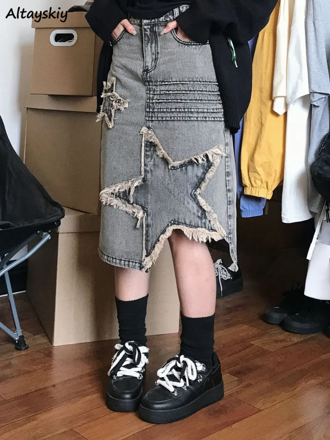 

Ripped Midi Skirts Women American Style Washed Irregular Star Designed Vintage Students Cool Personality Streetwear Harajuku Y2k