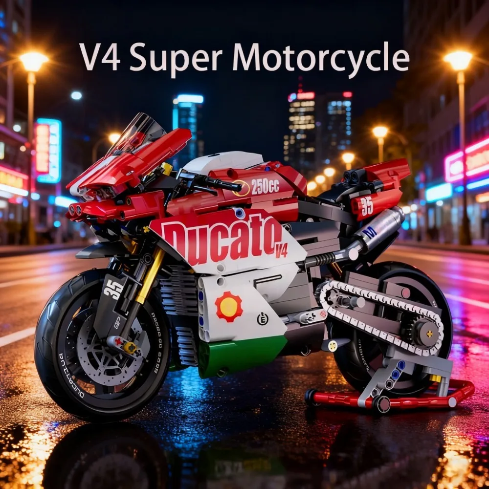 مجموعة مكعبات بناء الدراجات النارية الشهيرة V4 مجموعة نماذج الدراجة النارية الفائقة ألعاب سباق فنية مجمعة للأطفال الأولاد والبنات