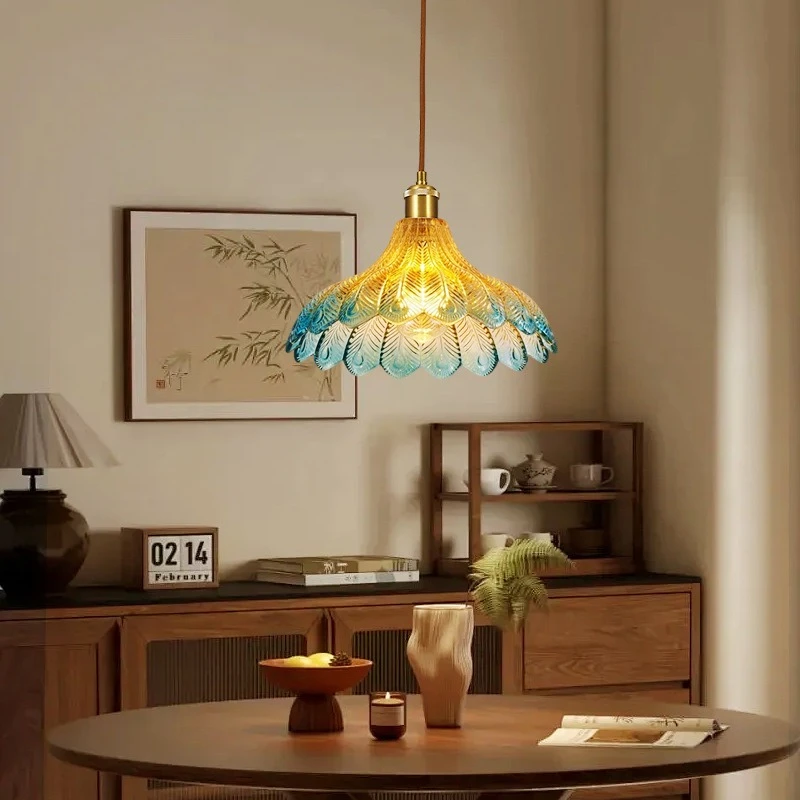 Peacock Feather Design Glass LED Hanging Lamp Bedroom Living Room Chandelier Cafe American Vintage Home Decoration Pendant Light
