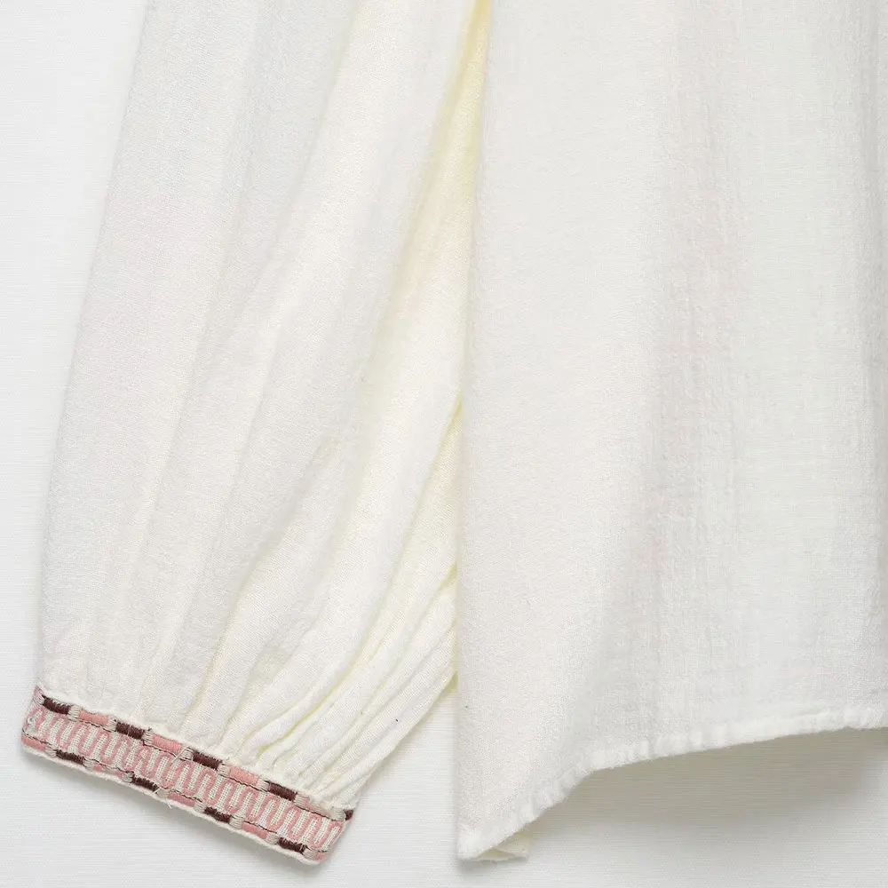Willshela, camisa bordada de lino y algodón blanco a la moda para mujer, cuello en V, manga larga, blusa informal Vintage elegante para mujer
