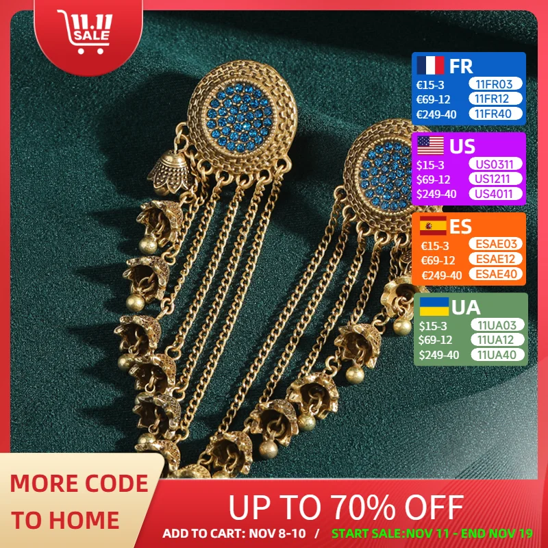 ต่างหูขนาดใหญ่ สไตล์วินเทจ ประดับคริสตัลสีน้ำเงินรูปดอกไม้ พร้อมพู่ห้อย ดีไซน์หรูหรา แบรนด์ดีไซเนอร์ สีทอง เหมาะสำหรับงานแต่งงาน งานปาร์ตี้ รุ่นใหม่ ปี 2025