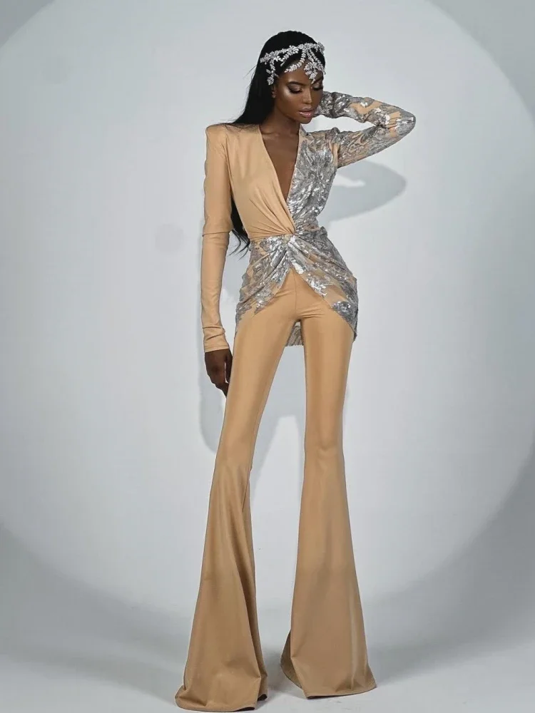 Sexy Women khaki Long Sleeve Deep V Neck Sparkly Sequins Patchwork Jumpsuit  Draped Wide Leg Jumpsuit Party Evening Club Runway