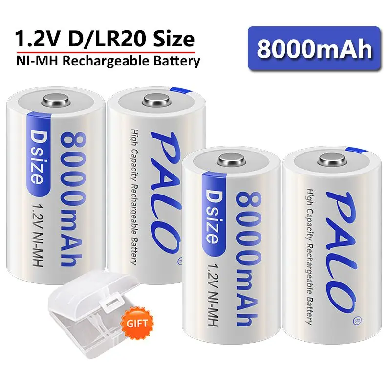 PALO 2-4 Stück 1,2V D-Größe Wiederaufladbare Batterie 8000mAh R20 LR20 Typ D NI-MH Batterie für Spielzeug, Taschenlampe, Haushaltswarmwasserbereiter mit Erdgasherd