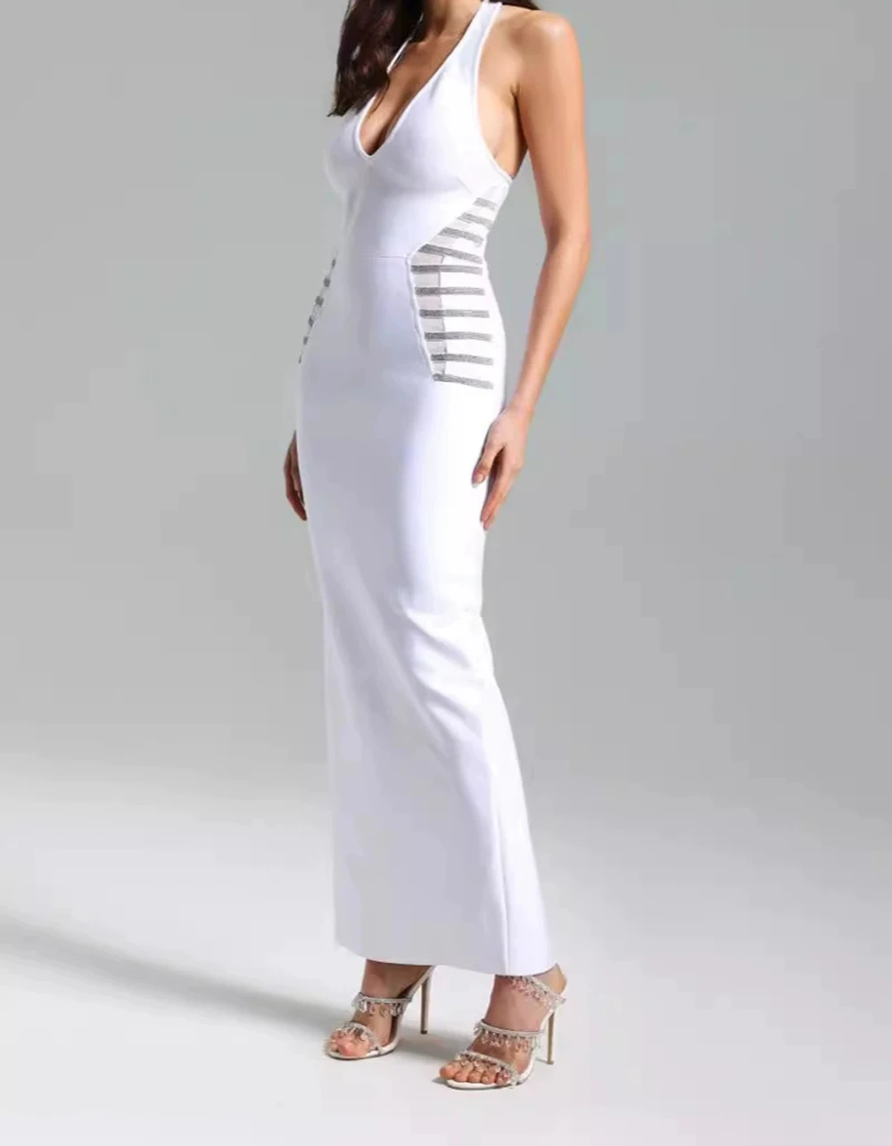 الأبيض الرسن الرقبة الخامس الرقبة شبكة أنيقة ضئيلة الساخن الماس طويل الشق ضمادة فستان حفلة سهرة فستان-GZXX1470