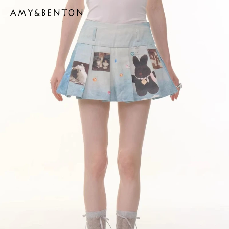 

Summer Women's Clothing American Design Animal Print High Waist Thin Pleated Skirt Sweet Cool Versatile Denim Blue Skirts Female