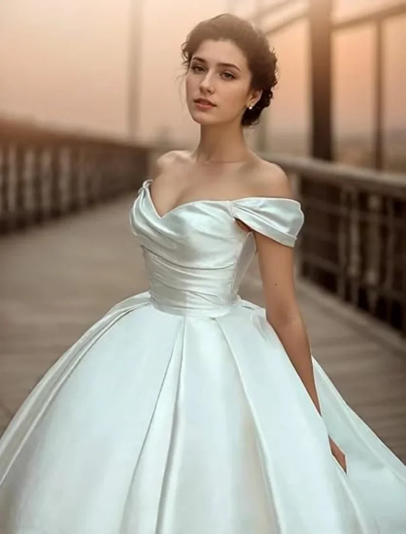 Satin Off The Shoulder Engagement Formal Ruched Wedding Dresses Ball Gown Sweetheart Cap Sleeve Bridal Gown with Court Train image 4