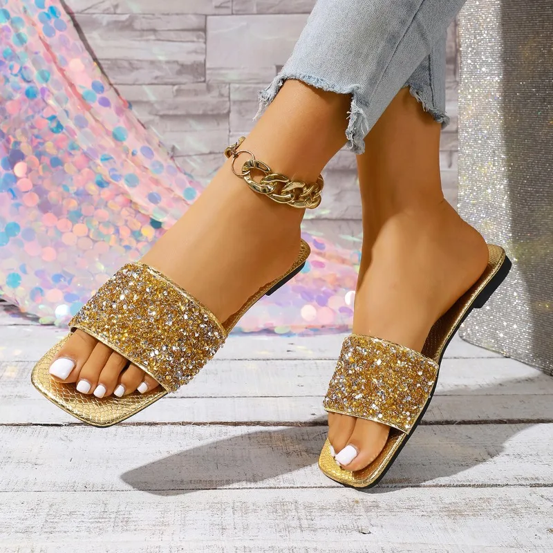 Женские модные сандалии на плоской подошве с блестками, лето 2024, уличные тапочки с открытым носком, женская обувь, большие размеры 43, обувь Zapatos De Mujer