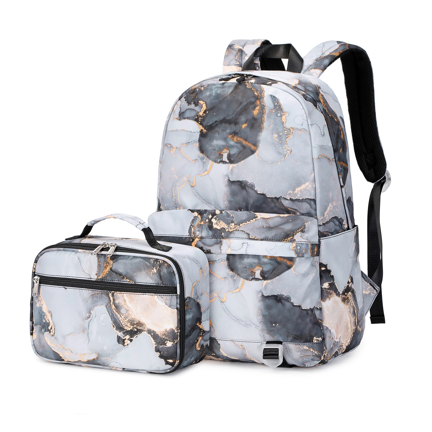 School Backpack Teen - กระเป๋าเป้สะพายหลังสำหรับนักเรียน กระเป๋าเป้แฟชั่นสำหรับวัยรุ่น ชุดกระเป๋าหนังสือ ลายพิมพ์มารเบิลแบบมัดย้อม พร้อมกระเป๋าใส่อาหารกลางวัน