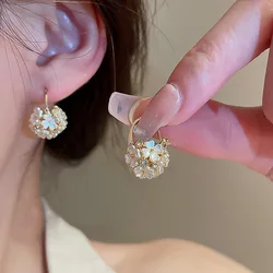 FTCY Romantic Flower Ball Dangle Earring For Women Sweet Zircon Flower Drop Earring Elegant Fashion Girl Party Jewelry