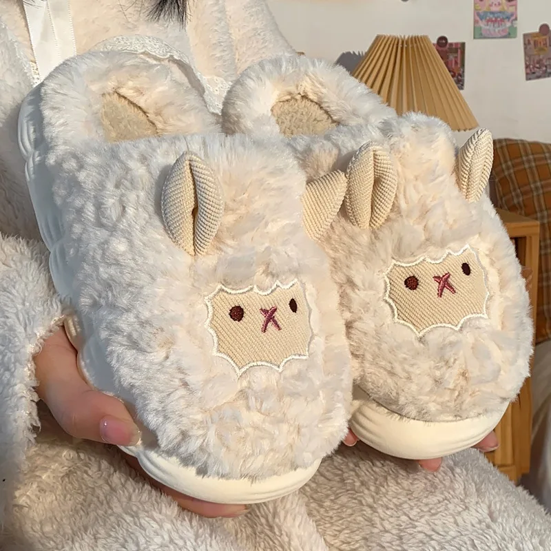 

Winter Cute Cartoon Plush Slippers Warm Fluffy Faux Fur Sheep Design Women Men Home Floor Shoes Couples Indoor Cotton Slides