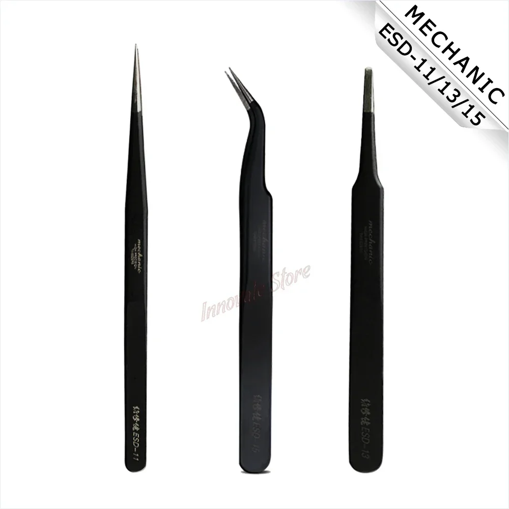 Pinzas de ESD-11 mecánico, de ESD-15 ESD-13, Punta curvada recta, cabeza redonda plana para bricolaje electrónico, Clip negro Antiestático de precisión