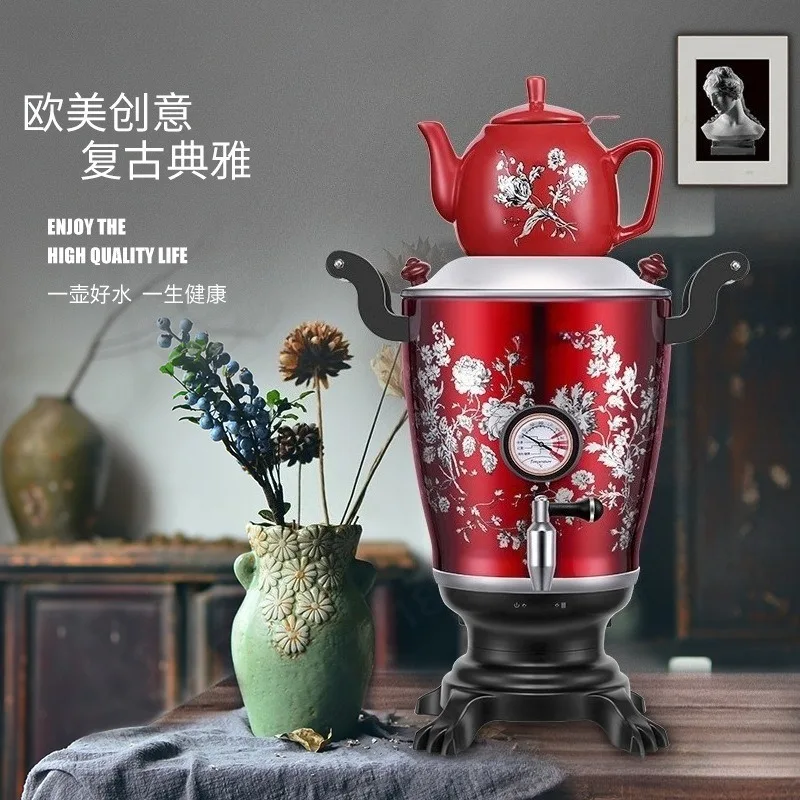 Middle Eastern Style Floral Printed Samovar Kettle Thermal Insulation Electric Water Boiler Dual Pot Tea Set with Temp Screen