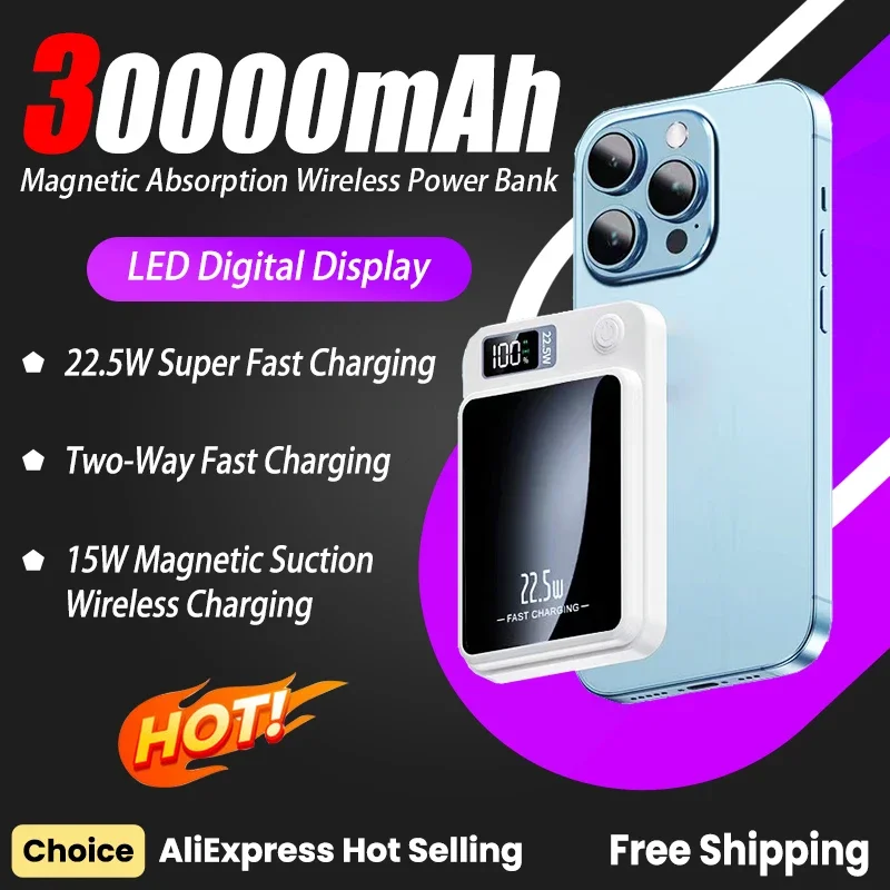 

Power Bank 30000mAh Magnetic Wireless 22.5W Fast Charging External Battery Charger for Samsung Huawei iPhone 12 PD 20W Powerbank