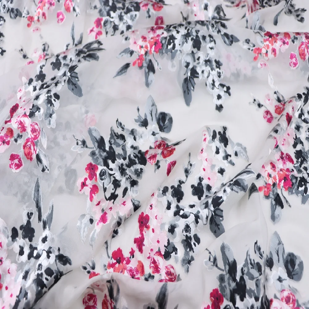 Comfortable Clear Grain Beautiful Flowers Pure Silk Burn Out Fabric Opal Pink Floral for Women Lining Pajama Shirt