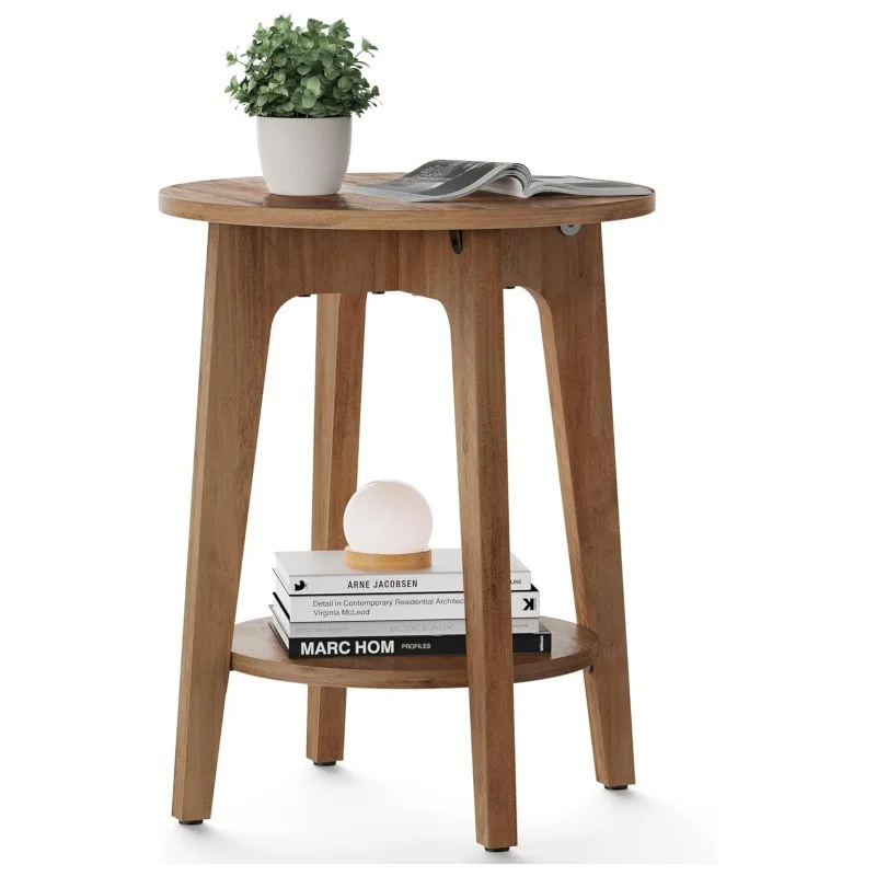 

Small round walnut side table with lower shelves for small spaces, living rooms, bedroom bedside tables
