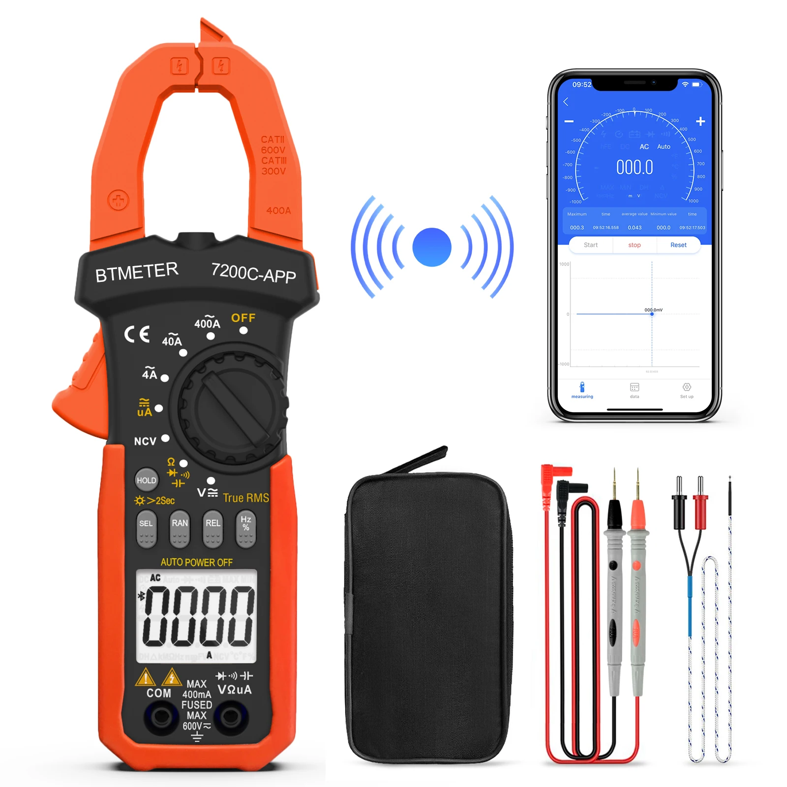 

BT-7200C-APP TRMS Digital Clamp Meter Auto Range AC DC Current Amp Volt Ohm NCV Multi Meter connect to phone LCDscreen Backlight