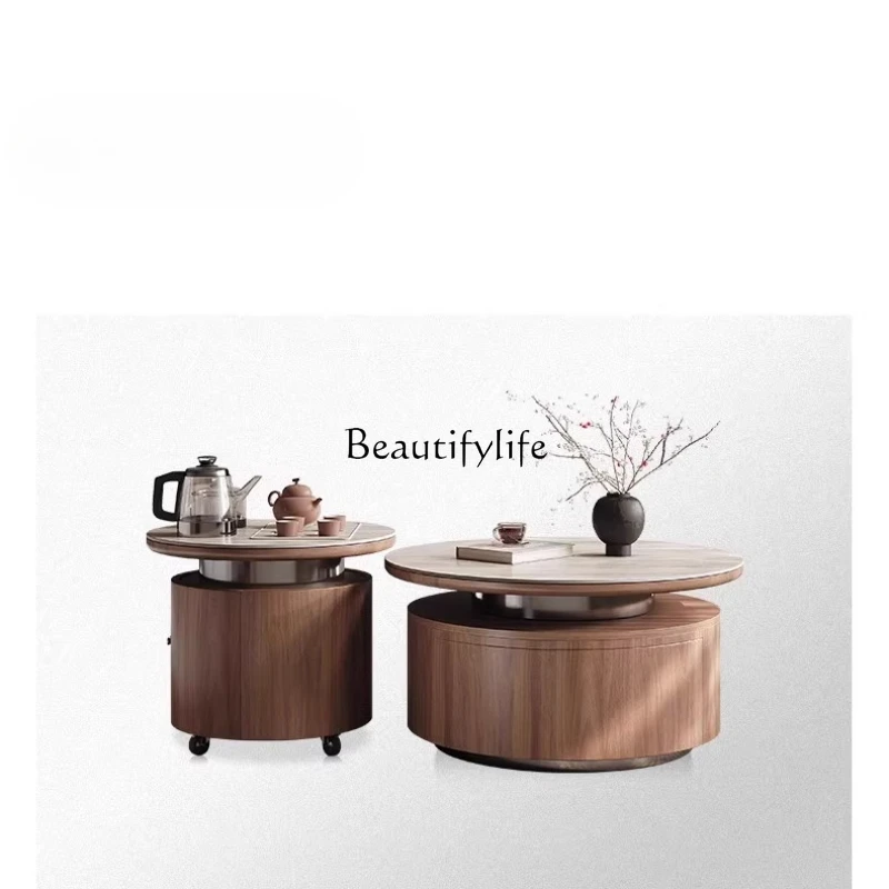 

Living Room Light Luxury Movable Tea Table Integrated Tea Table Travertine Rock Plate Round Combination Side Table