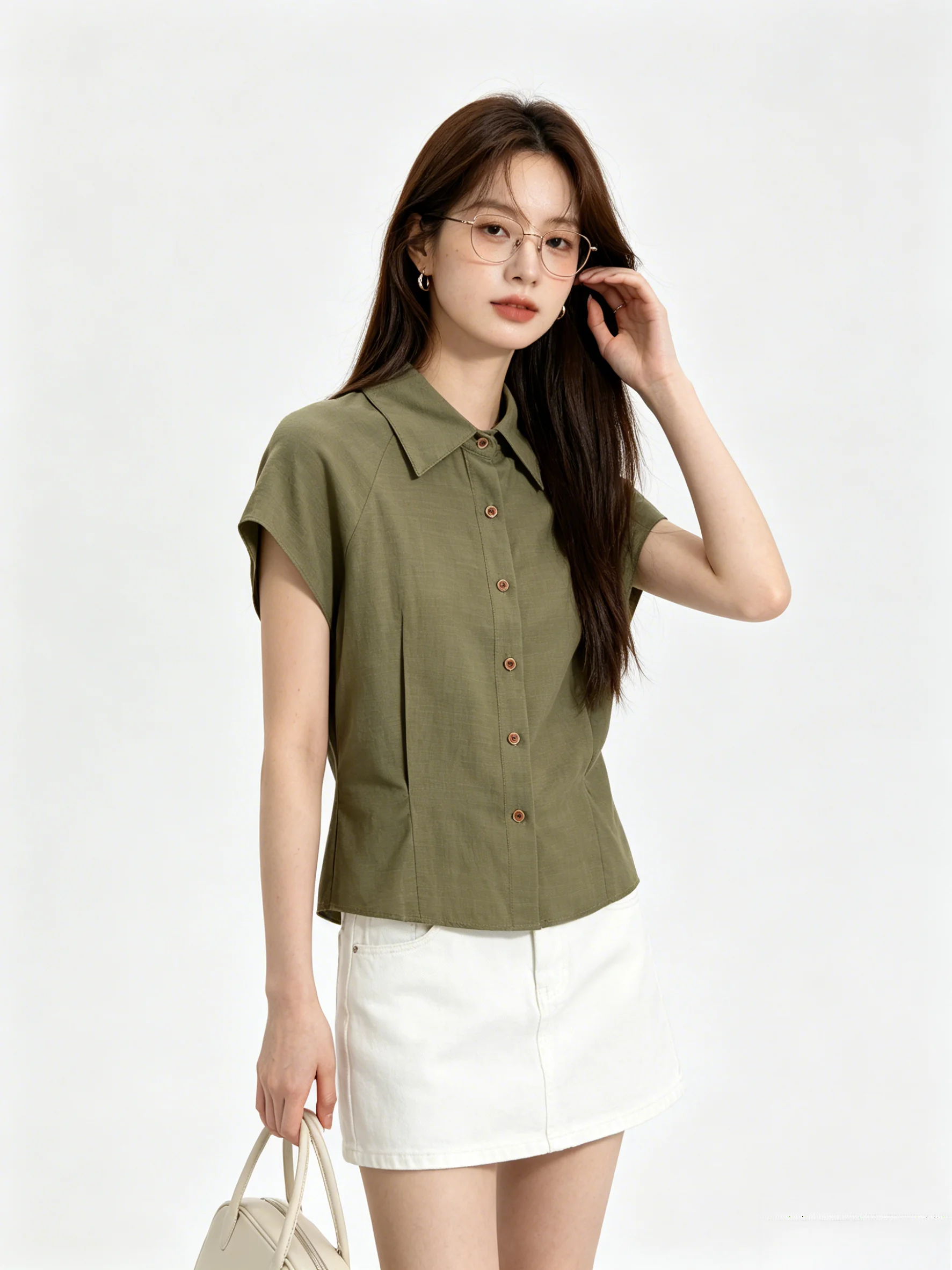 

Korean Style Loose Short Sleeve Shirt Pure Color Flip Collar Open Cardigan Slimming Waist Design Age-Defying Versatile Women'...