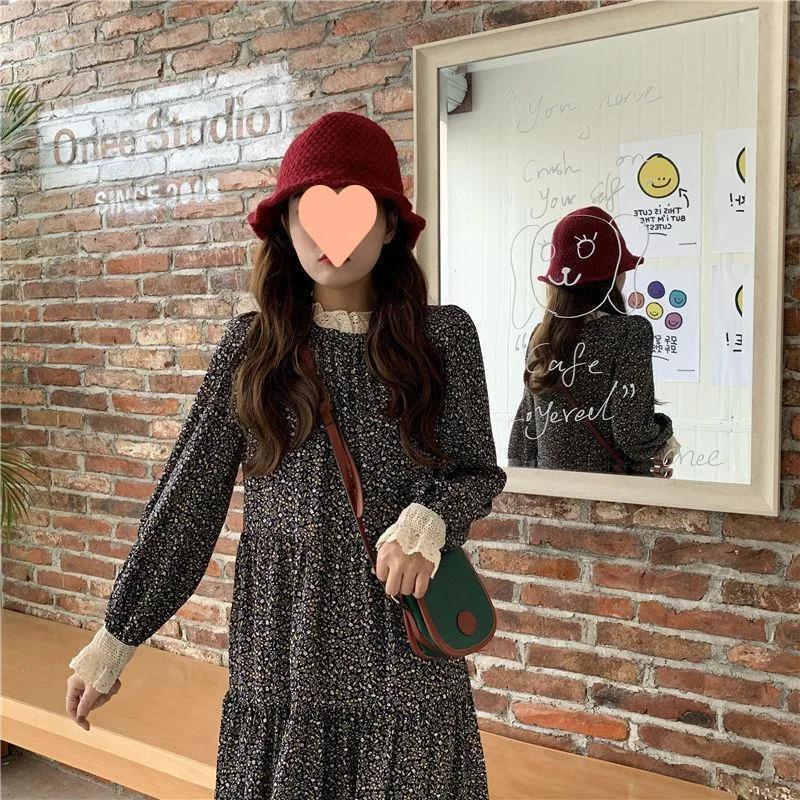 Vestido floral com mangas compridas outono inverno novo retro francês primeira vez viagem laranja talo saia solta camada interna base