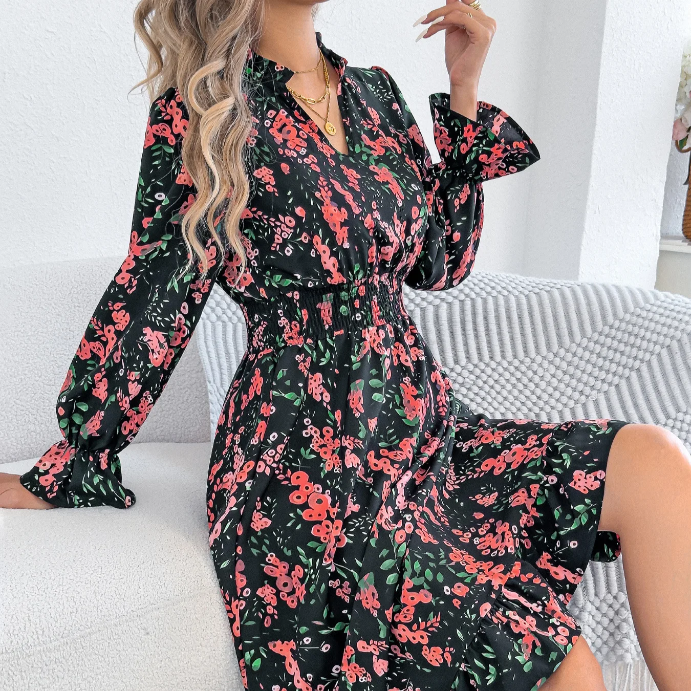 

Vintage Dress Streetwear 2026 Summer Printed Retro Dress with Horn Sleeve A-line Dresses XL