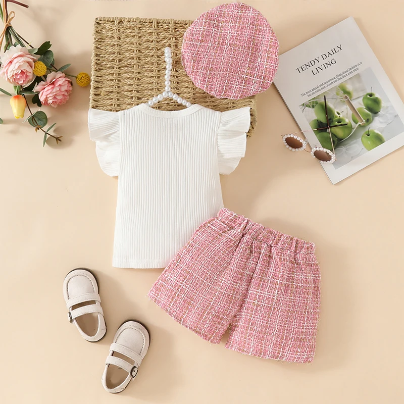 

Infant Toddler Baby Girl Summer Outfits Ruffle Sleeve Ribbed Top T Plaid Shorts Hat 3Pcs Clothes Set