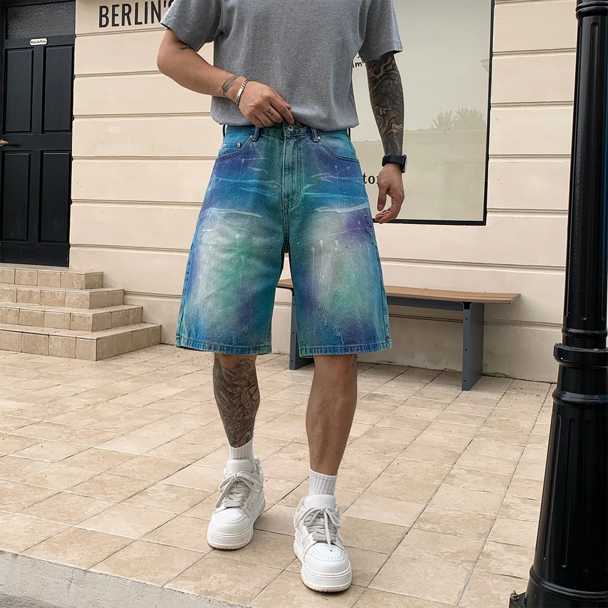 MWJLPWQ American-Style Gradient Tie-Dye Denim Shorts For Men High-Street Distressed Wash Loose Straight-Leg Shorts Trendy 21493