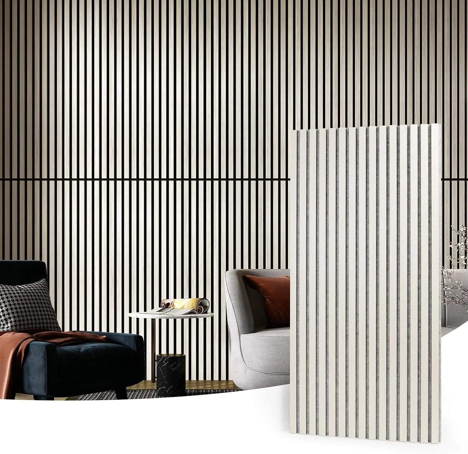 

2 Wood Slat Acoustic Panels for Wall and Ceiling - 3D Fluted Sound Absorbing Panel with Wood Finish - White Elm