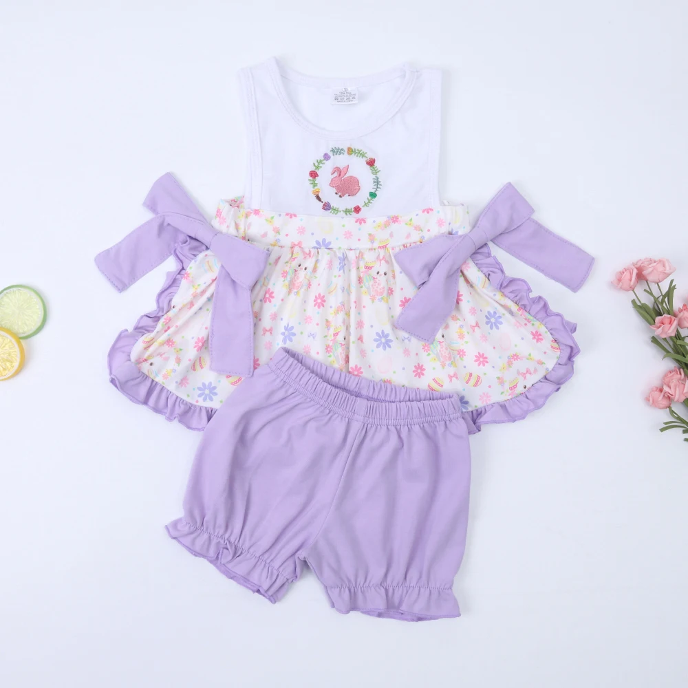 

Baby Girl Easter Clothes Set 2pcs Cotton Purple Suit Rabbit Embroidery Bodysuit Toddler T-shirt Floral Outfits 1-8T Babi Shorts