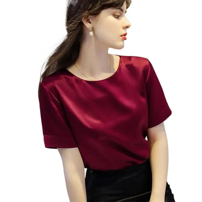 New Women Vintage Satin Short Sleeves Tops Summer Solid Ice Silk T- Shirt Ladies O-Neck Elegant Retro Blusas Female Blouse