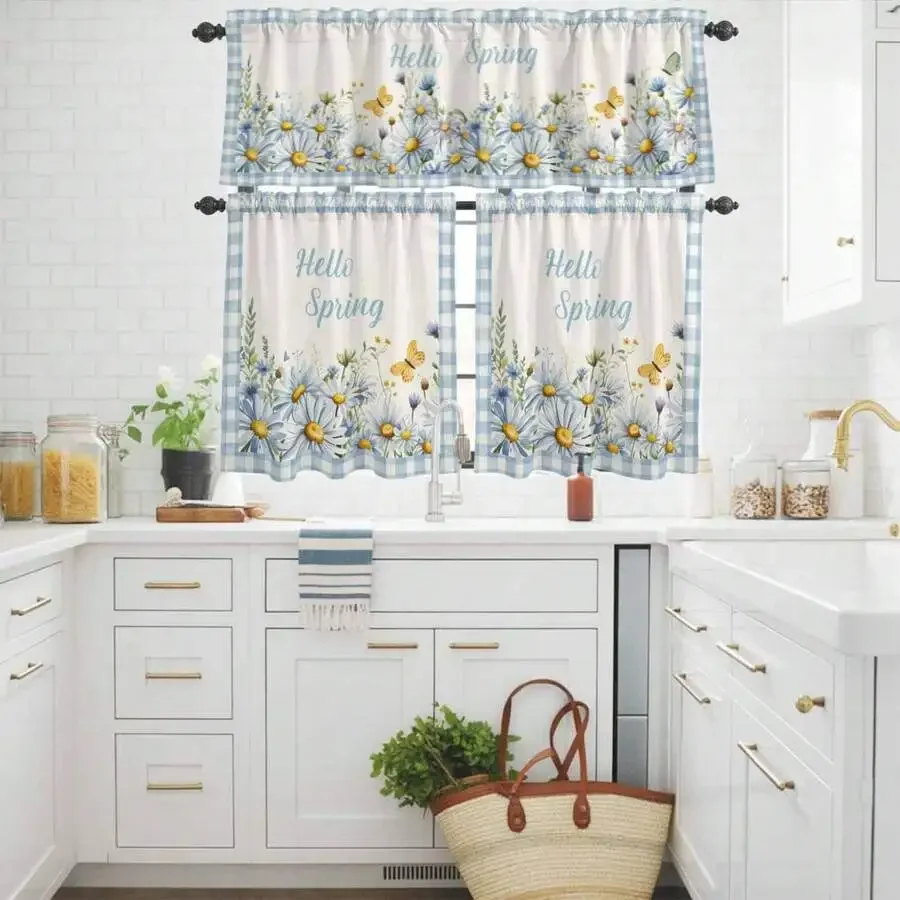 3PCS Mother's Day Gifts Spring Daisy Flower Butterfly Curtain Tier And Valance Set 3 Piece, Blue Checkered Retro Linen 3-Inch