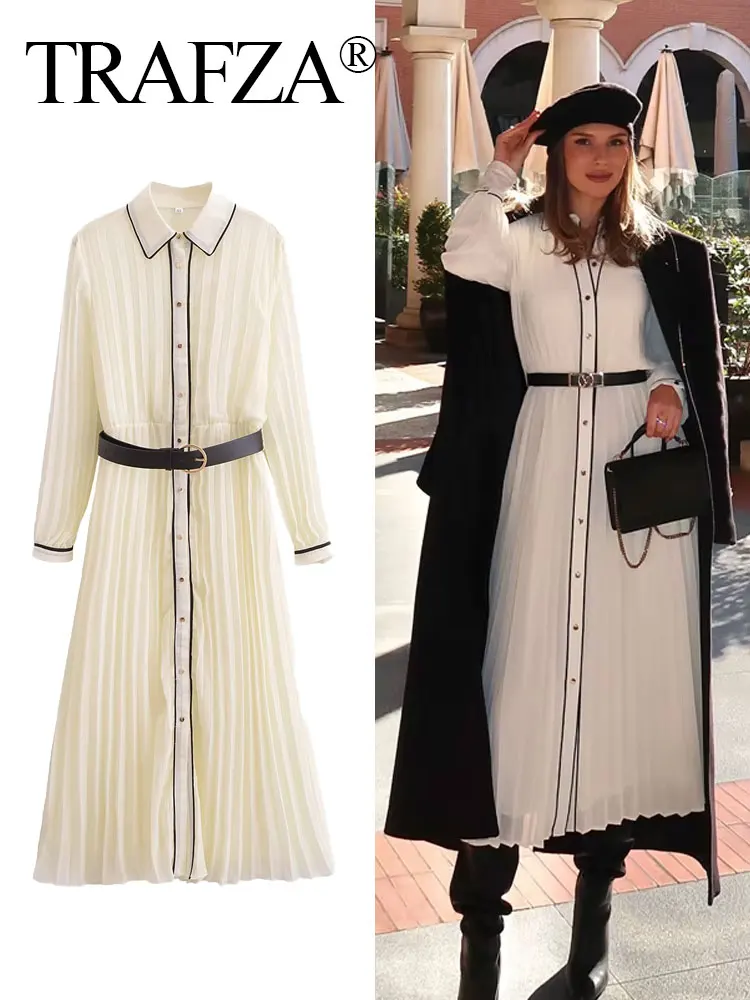 

TRAFZA 2025 Fashion Women Lapel Single-Breasted Long Sleeves Slim Temperament Midi Dress Woman Chic Belt Wrinkles Decorate Dress