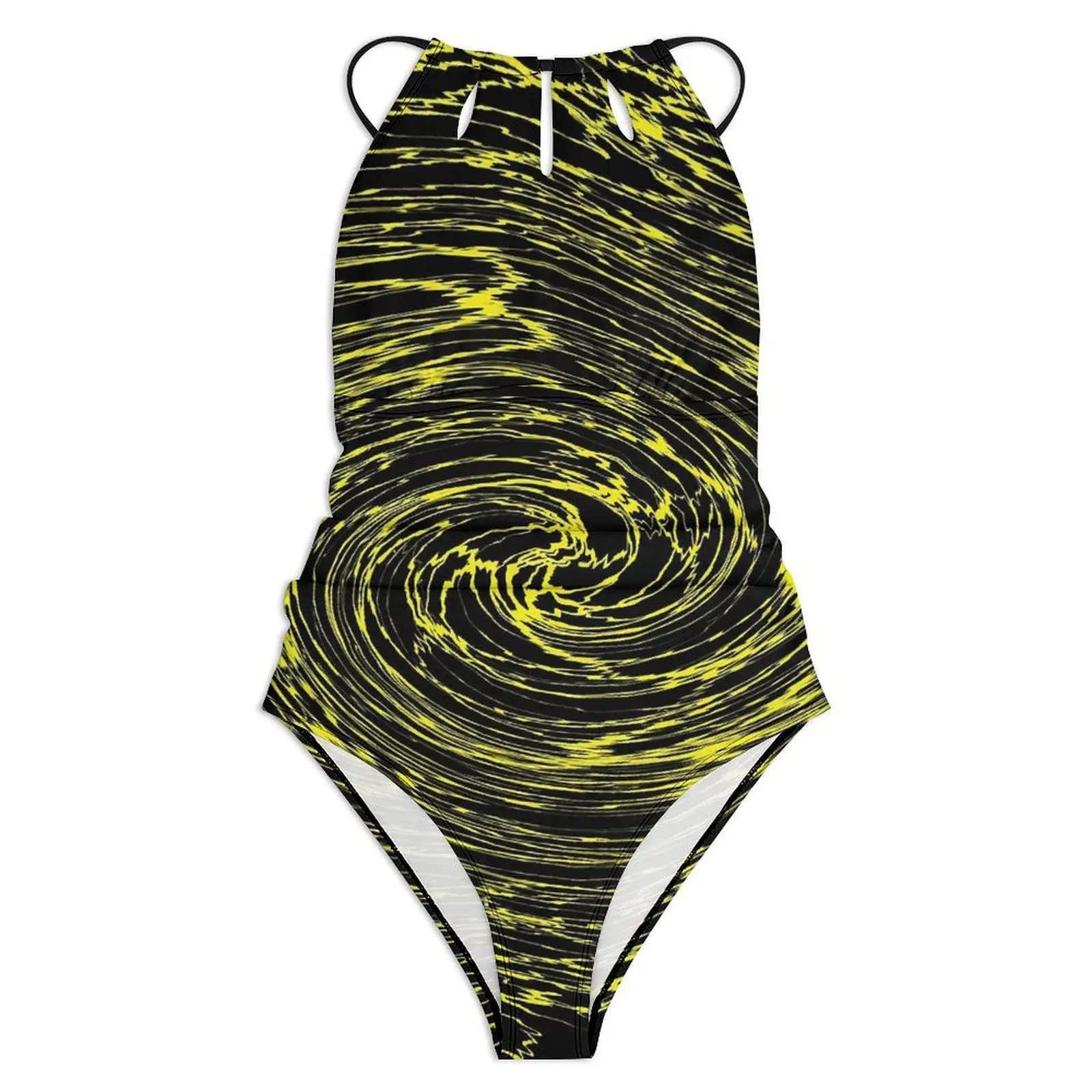 Shallow Water Print Swimsuit Sexy Yellow Vortex Woman Swimwear One-Piece Stylish Swimsuits Sport Push Up Halter Beach Wear