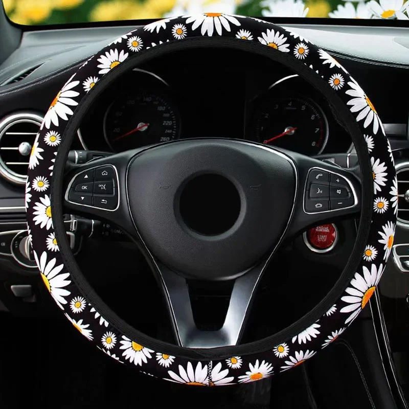 Universal Car Steering Wheel Cover Protector Daisy Printed Breathable Anti-skid Elastic For 37-39cm Auto Decoration